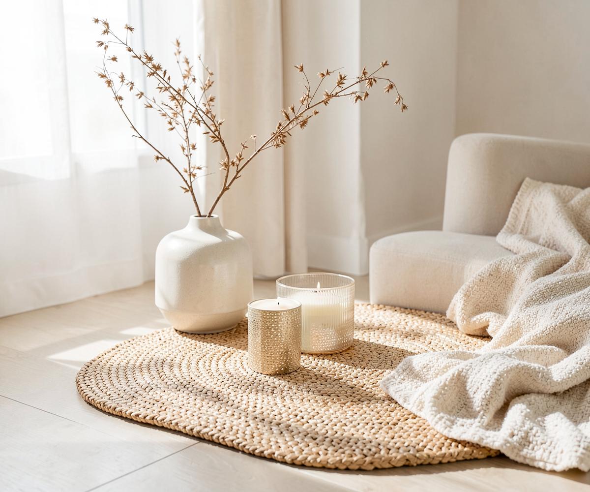 Salon lumineux avec tapis tressé, bougies et plaid crème