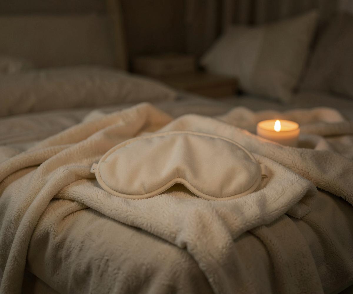 Masque de repos ivoire posé sur un plaid crème près d’une bougie allumée