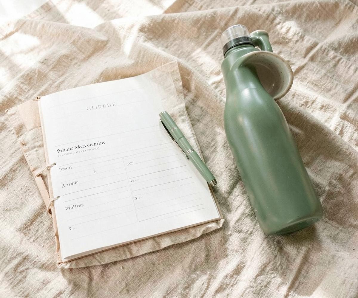 Carnet de routine, stylo et gourde vert sauge posés sur un textile beige