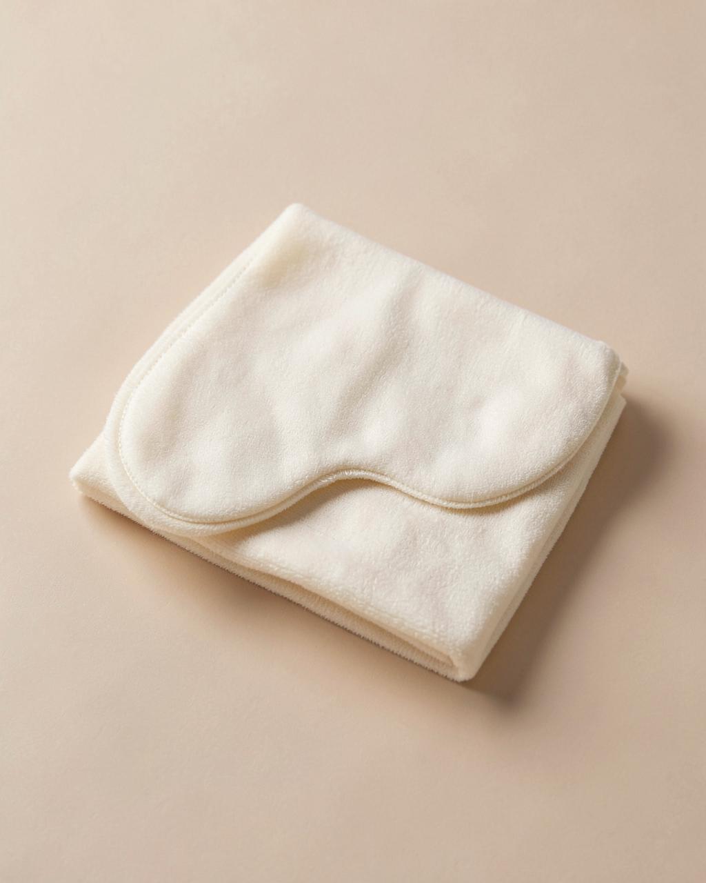 Masque de repos en textile doux ivoire plié sur fond beige clair