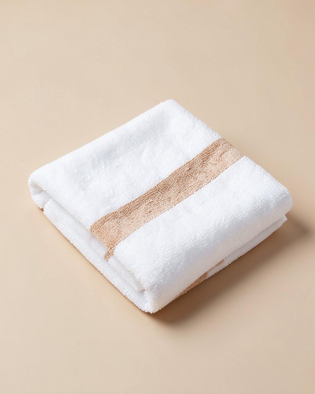 Serviette en coton blanc avec liseré sable pliée sur fond beige clair